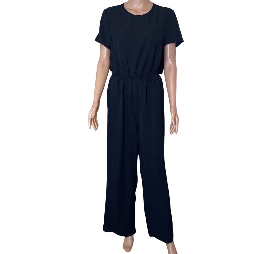 Shein black one piece jumpsuit back button up elastic waist wide leg one piece
